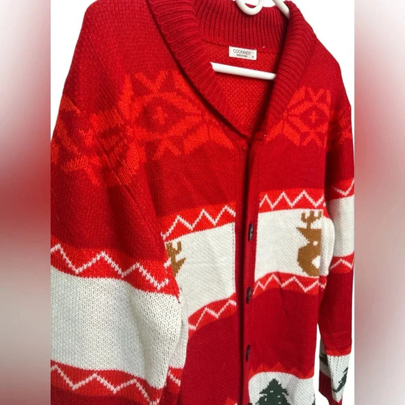 COOFANDY Christmas Ugly Xmas Reindeer Snowflake Shawl Collar Knitted Cardigan - Picture 3 of 7